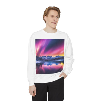 Aurora Lake Crewneck Sweatshirt — Colorful Northern Lights Landscape