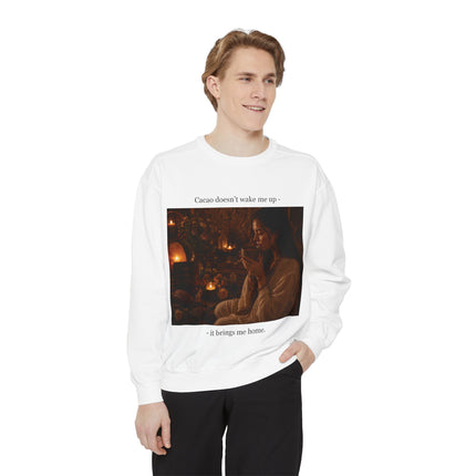 Cozy Candlelit Photo Sweatshirt — "Cacao doesn't wake me up... it brings me home"