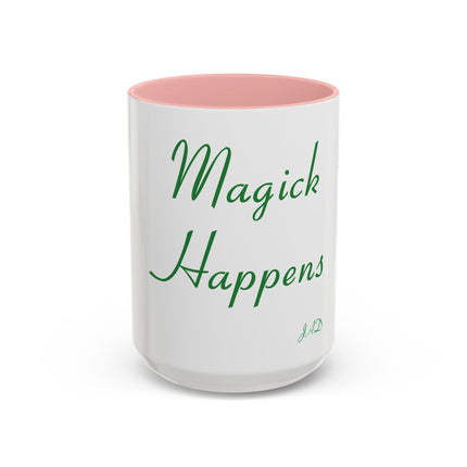 Magick Happens Coffee Mug — Witchy Green Script Accent Mug (11/15oz)