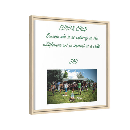 Flower Child Matte Canvas Print — "Flower Child" Quote with Festival Photo (Framed)