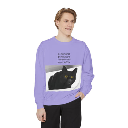 Cozy Cat Lover Sweatshirt - "In the Here, In the Now, No Worries, Only Meow"