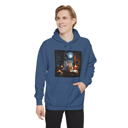 Mystic Cat Library Hoodie — Moonlit Cats, Candles & Spellbook Graphic Hoodie