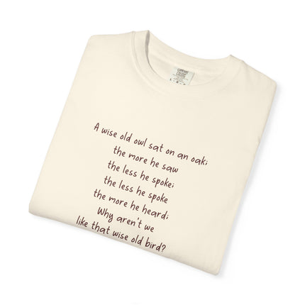 Poem & Owl Graphic T‑Shirt — 'A wise old owl...' Nature Poetry Tee