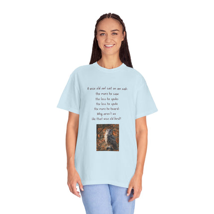 Poem & Owl Graphic T‑Shirt — 'A wise old owl...' Nature Poetry Tee