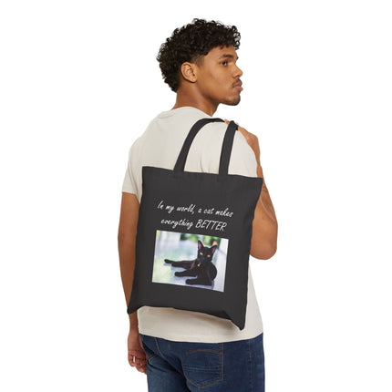 Cat Lover Canvas Tote — “In my world, a cat makes everything BETTER” Cotton Tote Bag
