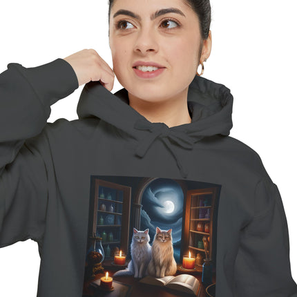 Mystic Cat Library Hoodie — Moonlit Cats, Candles & Spellbook Graphic Hoodie