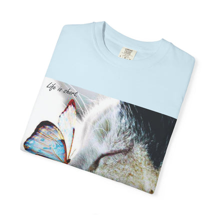Inspirational Cat & Butterfly T-Shirt | Life is Short Quote