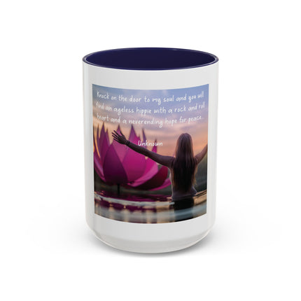 Inspirational Lotus Sunrise Coffee Mug — "knock on the door to my soul"