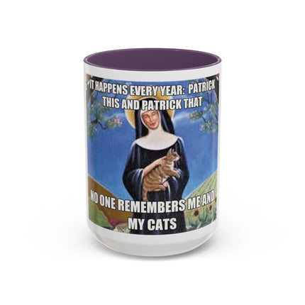 Saint with Cats Coffee Mug – "No One Remembers Me and My Cats" Accent Mug