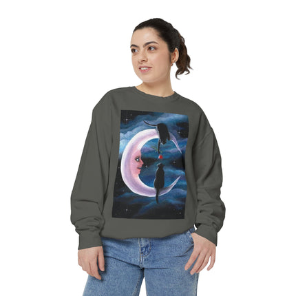 Moonlit Cats Sweatshirt —Whimsical Crescent Moon & Black Cat Graphic