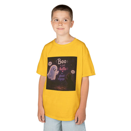 Kids Halloween Tee — "Boo: Hello Ghost Language" Cute Ghost Shirt
