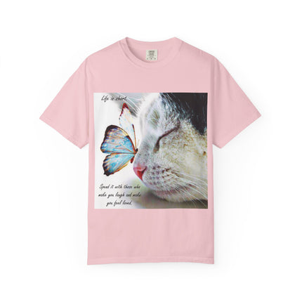 Inspirational Cat & Butterfly T-Shirt | Life is Short Quote