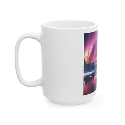 Aurora Lake Ceramic Mug — Northern Lights Landscape Coffee Cup (11oz & 15oz)