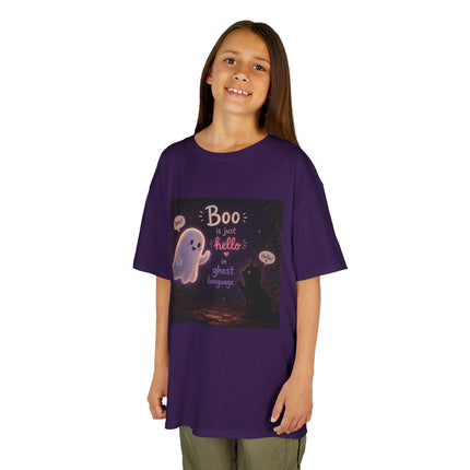 Kids Halloween Tee — "Boo: Hello Ghost Language" Cute Ghost Shirt