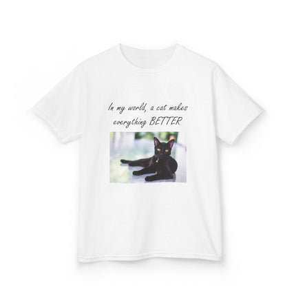 Kids Cat Lover Tee – “A Cat Makes Everything Better” – Heavy Cotton