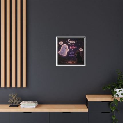 Framed Canvas Art - "Boo is Just Hello" Cute Ghost & Black Cat Halloween Print