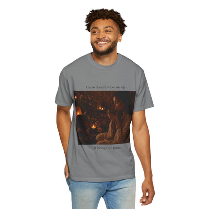 Cacao Doesn't Wake Me Up T-Shirt — Cozy Candlelit Illustration Tee