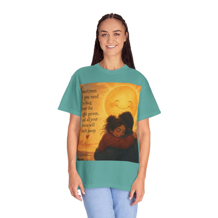 Hug Melt Away T-Shirt — Warm Sunset Illustration & Quote
