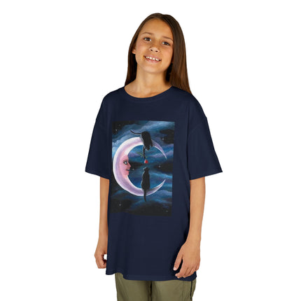 Kids Moon Dreamer Tee — Black Cats on Crescent Moon Graphic