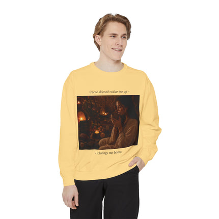Cozy Candlelit Photo Sweatshirt — "Cacao doesn't wake me up... it brings me home"