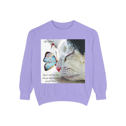 Life is Short Cat & Butterfly Unisex Garment-Dyed Sweatshirt