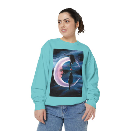 Moonlit Cats Sweatshirt —Whimsical Crescent Moon & Black Cat Graphic