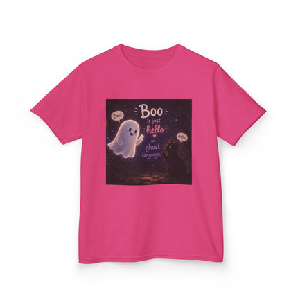 Kids Halloween Tee — "Boo: Hello Ghost Language" Cute Ghost Shirt