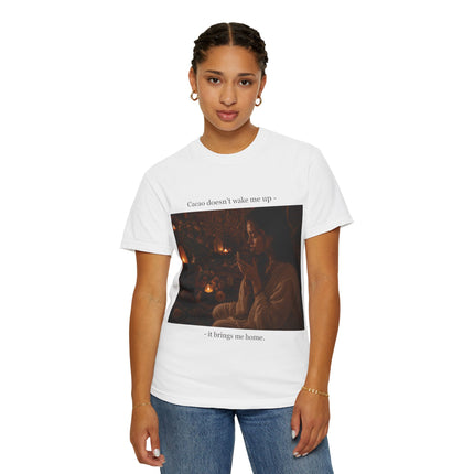 Cacao Doesn't Wake Me Up T-Shirt — Cozy Candlelit Illustration Tee