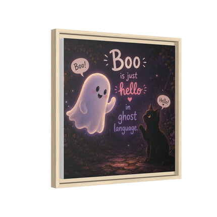 Framed Canvas Art - "Boo is Just Hello" Cute Ghost & Black Cat Halloween Print