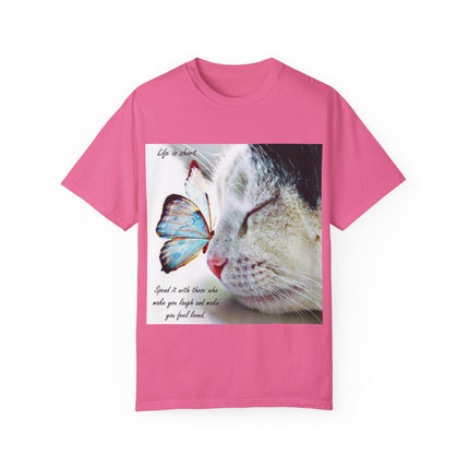 Inspirational Cat & Butterfly T-Shirt | Life is Short Quote