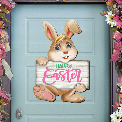 Happy Easter Bunny Wooden Door Hanger by G. DeBrekht - Easter Spring Decor - 815433-1H-0