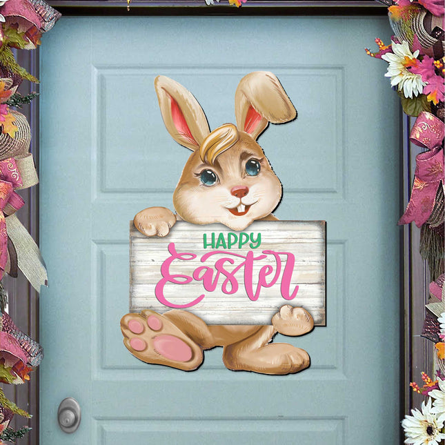 Happy Easter Bunny Wooden Door Hanger by G. DeBrekht - Easter Spring Decor - 815433-1H-0