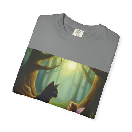 Fairy and Black Cat Forest T-Shirt — Enchanted Woodland Magic Tee