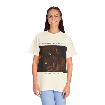 Cacao Doesn't Wake Me Up T-Shirt — Cozy Candlelit Illustration Tee