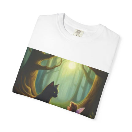 Fairy and Black Cat Forest T-Shirt — Enchanted Woodland Magic Tee