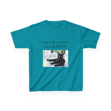 Kids Cat Lover Tee – “A Cat Makes Everything Better” – Heavy Cotton