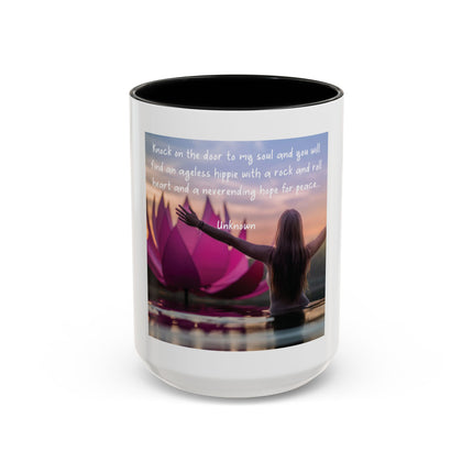 Inspirational Lotus Sunrise Coffee Mug — "knock on the door to my soul"