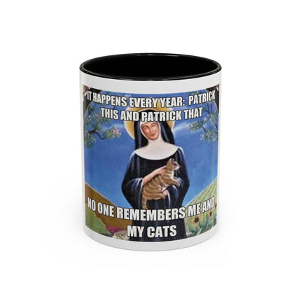 Saint with Cats Coffee Mug – "No One Remembers Me and My Cats" Accent Mug
