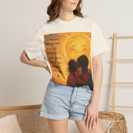 Hug Melt Away T-Shirt — Warm Sunset Illustration & Quote