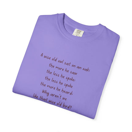 Poem & Owl Graphic T‑Shirt — 'A wise old owl...' Nature Poetry Tee