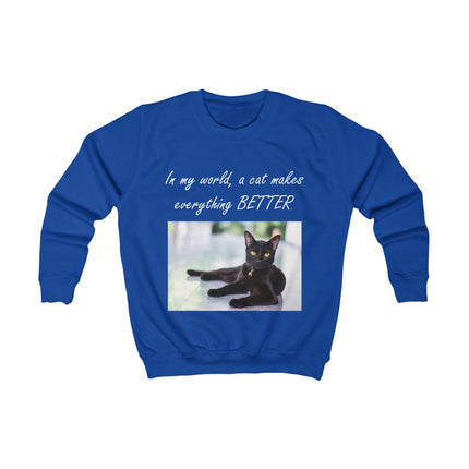 Kids Sweatshirt — "In my world, a cat makes everything BETTER" Black Cat Crewneck