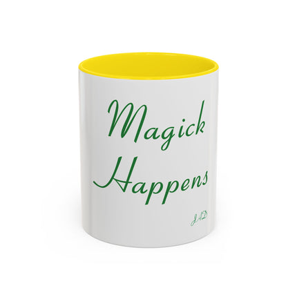 Magick Happens Coffee Mug — Witchy Green Script Accent Mug (11/15oz)