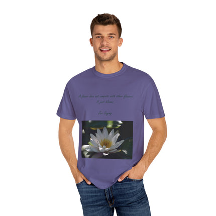 Zen Floral T-Shirt – “A Flower Just Blooms” Floral Quote Tee