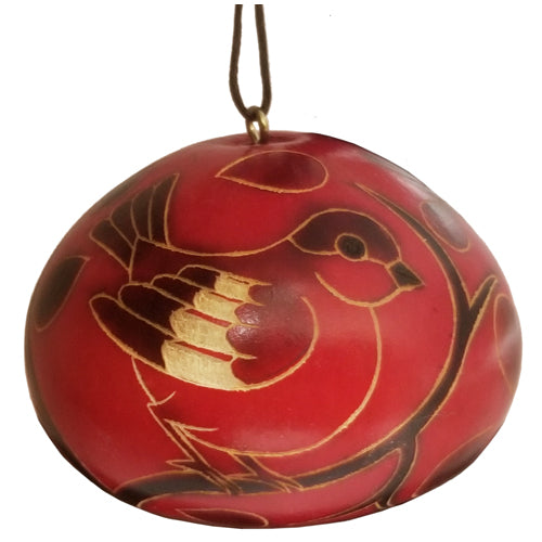 Red Gourd Ornament w/ Etched Birds from Peru-1