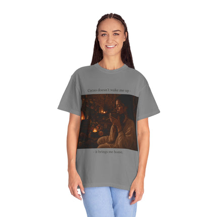 Cacao Doesn't Wake Me Up T-Shirt — Cozy Candlelit Illustration Tee