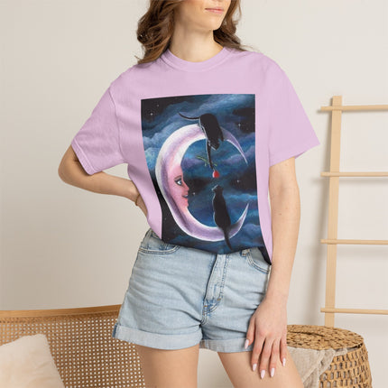 Moonlight Cats Graphic T‑Shirt — Romantic Crescent Moon Art Tee