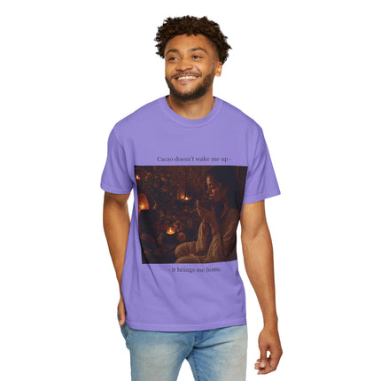 Cacao Doesn't Wake Me Up T-Shirt — Cozy Candlelit Illustration Tee