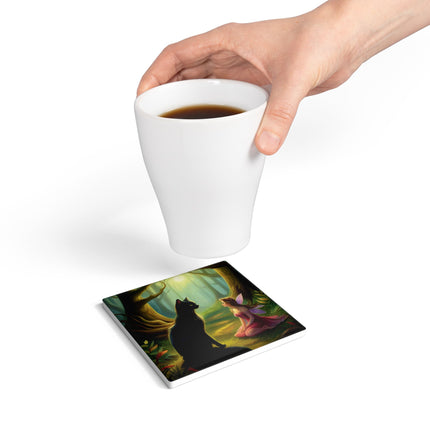 Enchanted Forest Fairy Cat Ceramic Coaster - Magical Home Decor