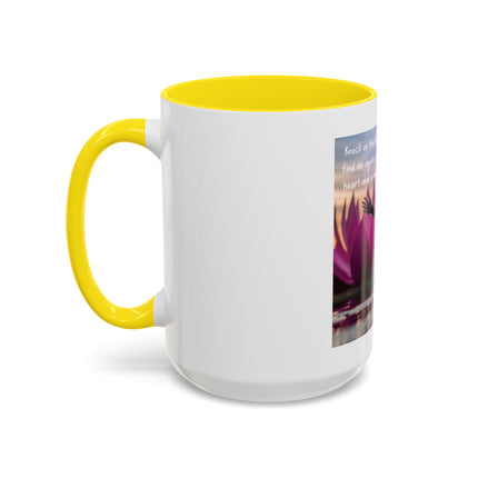 Inspirational Lotus Sunrise Coffee Mug — "knock on the door to my soul"