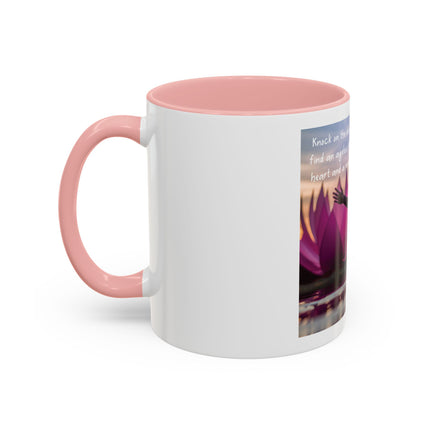 Inspirational Lotus Sunrise Coffee Mug — "knock on the door to my soul"